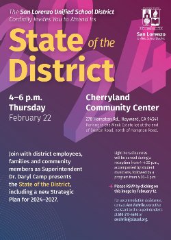 An invitation to the State of the District event from 4-6 p.m. on Thursday, Feb. 22, at the Cherryland Community Center.